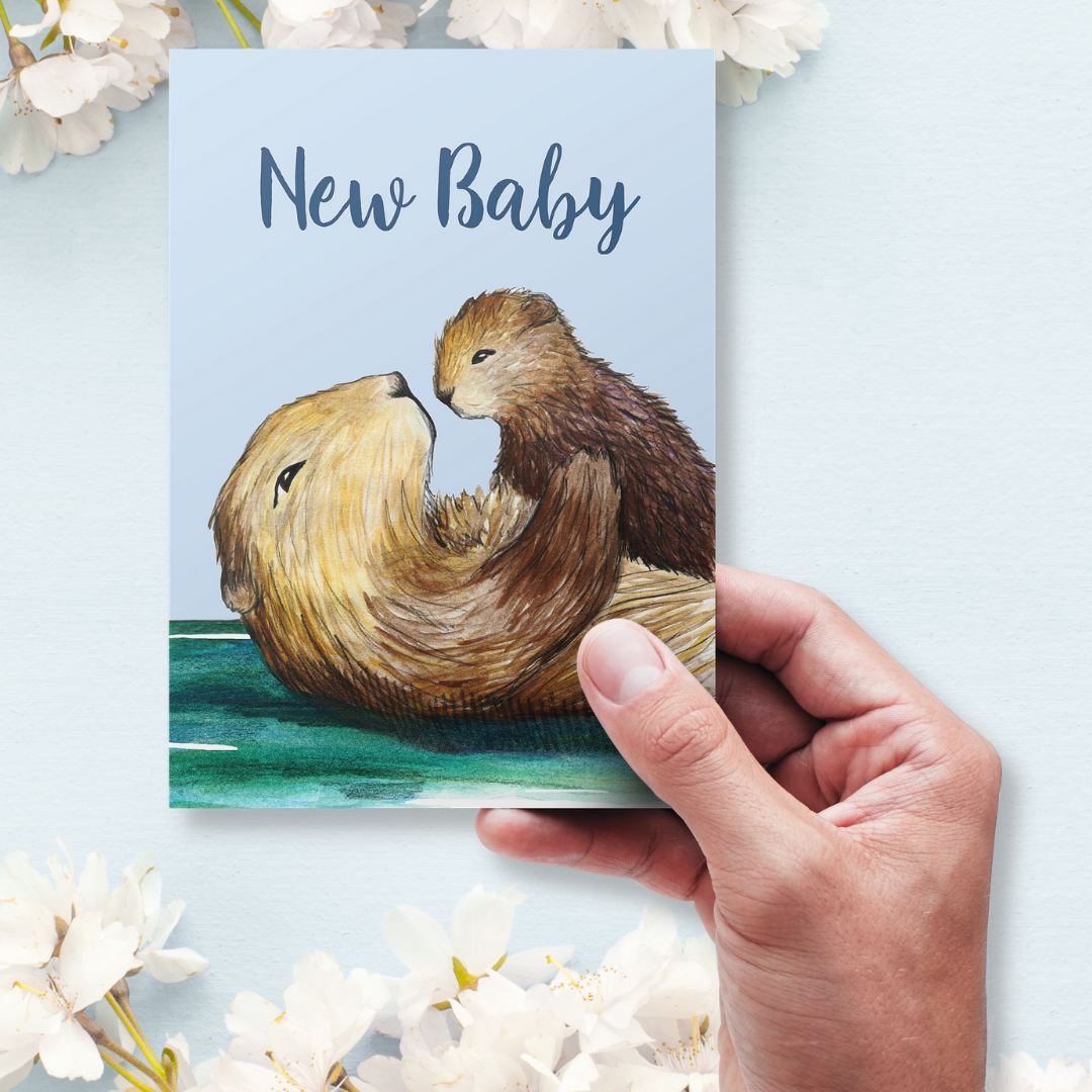 Handmade Wildlife Greetings Card - New Baby Otters