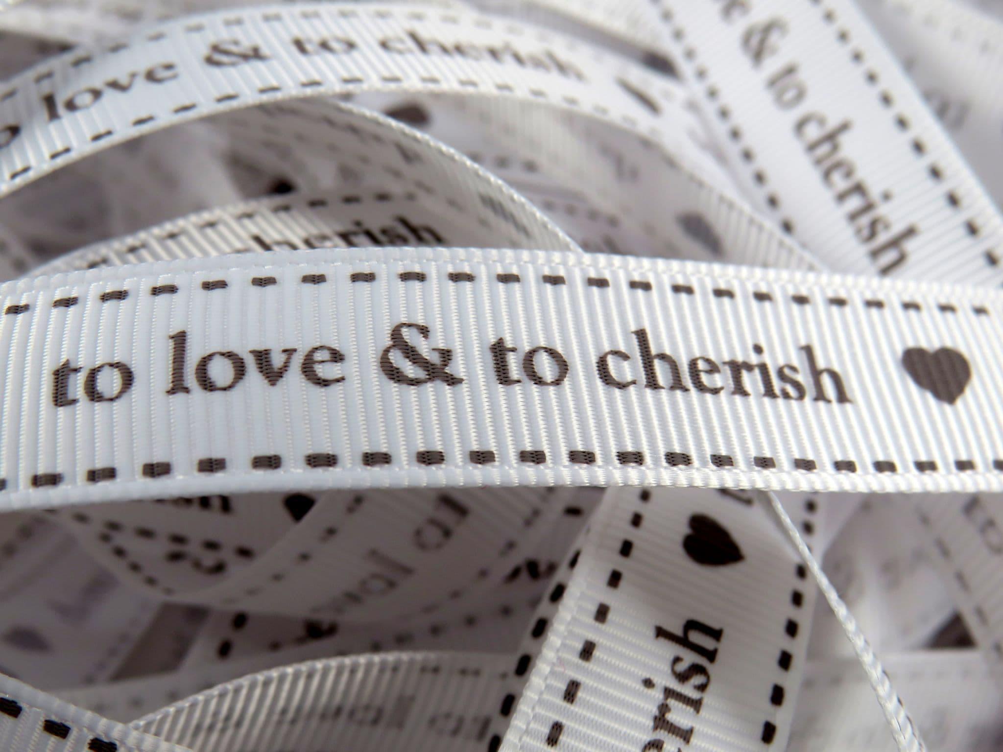 Ribbon - to Love & to Cherish - White 16mm (per metre) | Buy Online from The Home Crafters