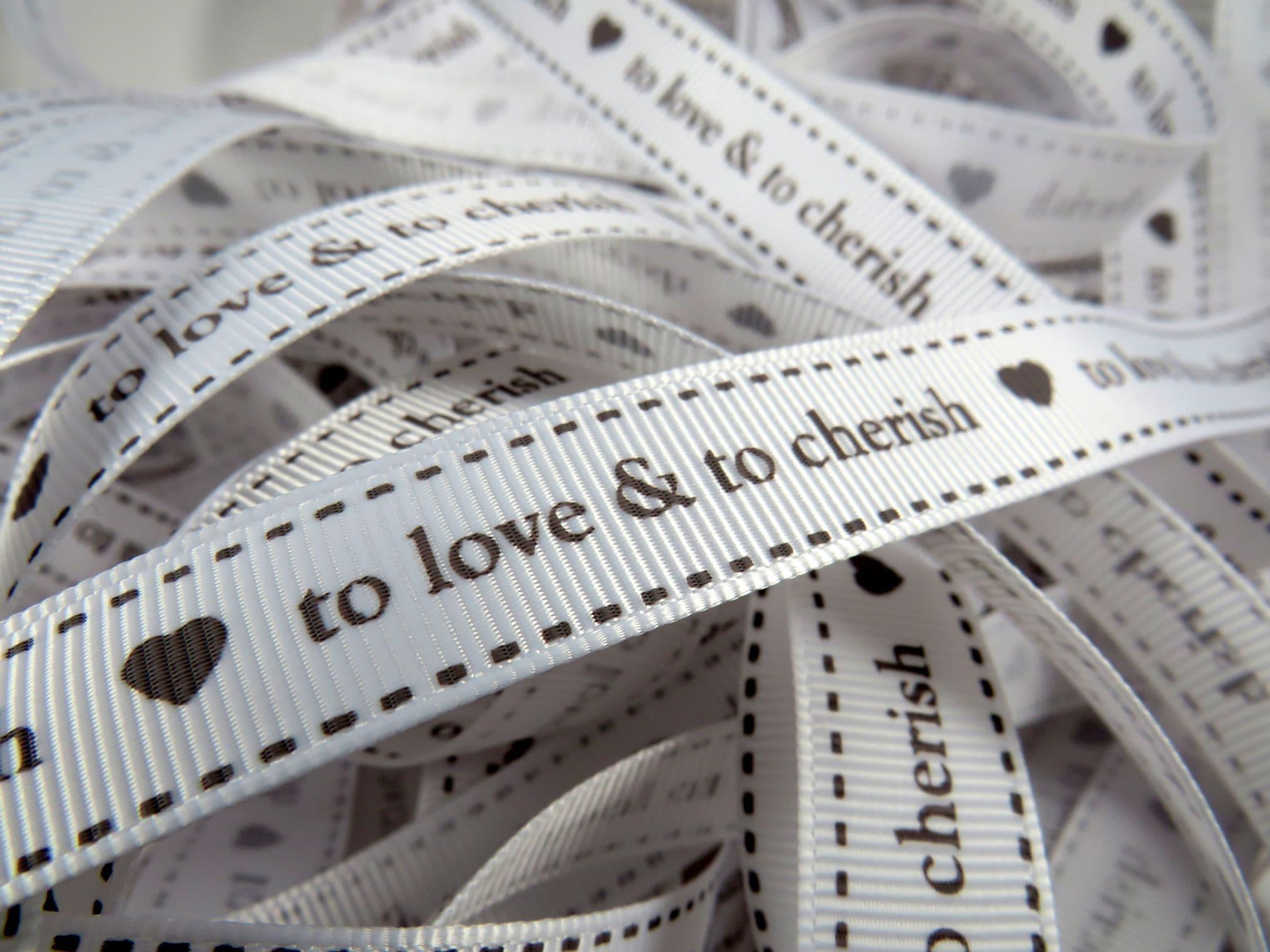 Ribbon - to Love & to Cherish - White 16mm (per metre) | Buy Online from The Home Crafters