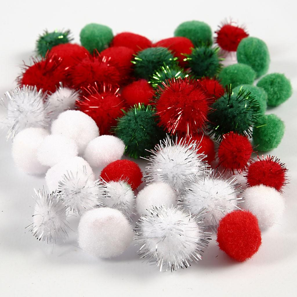 Creative Deco Assorted Pompoms: Green, White & Red - 48pc