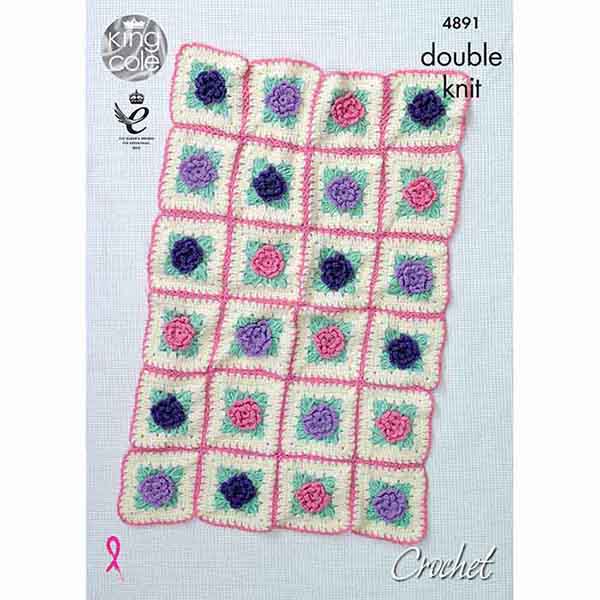 King Cole Floral Motifs Blanket Crochet Pattern 4891 - Double Knit | Buy Online from The Home Crafters