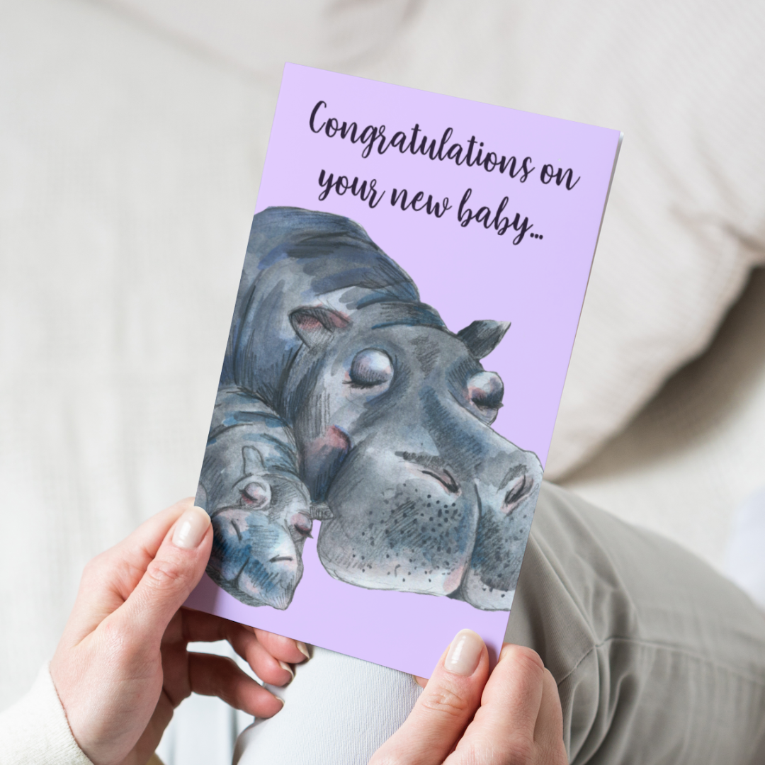 Handmade Wildlife Greetings Card - New Baby Hippos