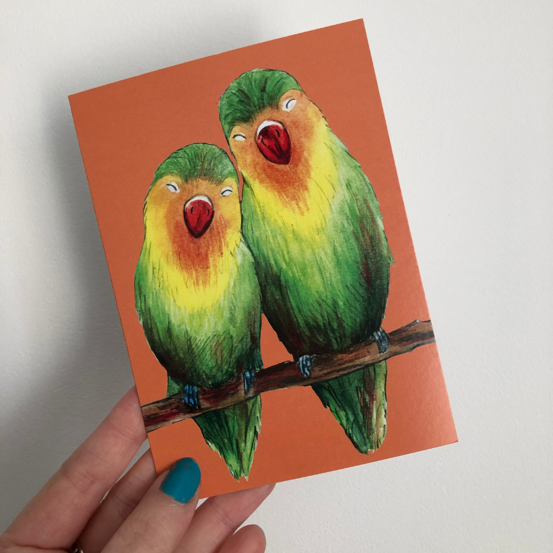 Handmade Wildlife Greetings Card - Parrots Snuggling
