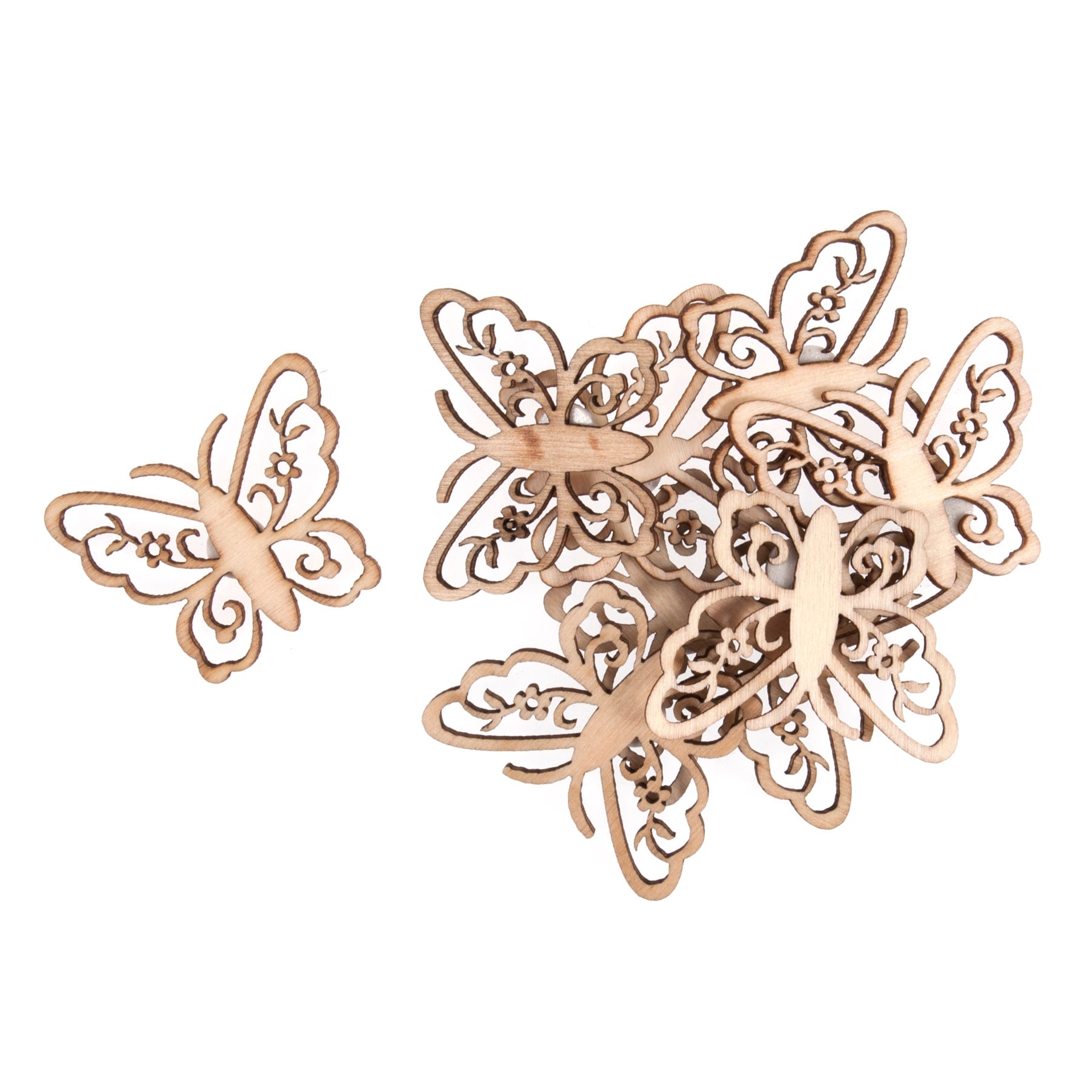 Craft Embellishments: Wooden Filigree Butterflies - 12pk | Buy Online from The Home Crafters