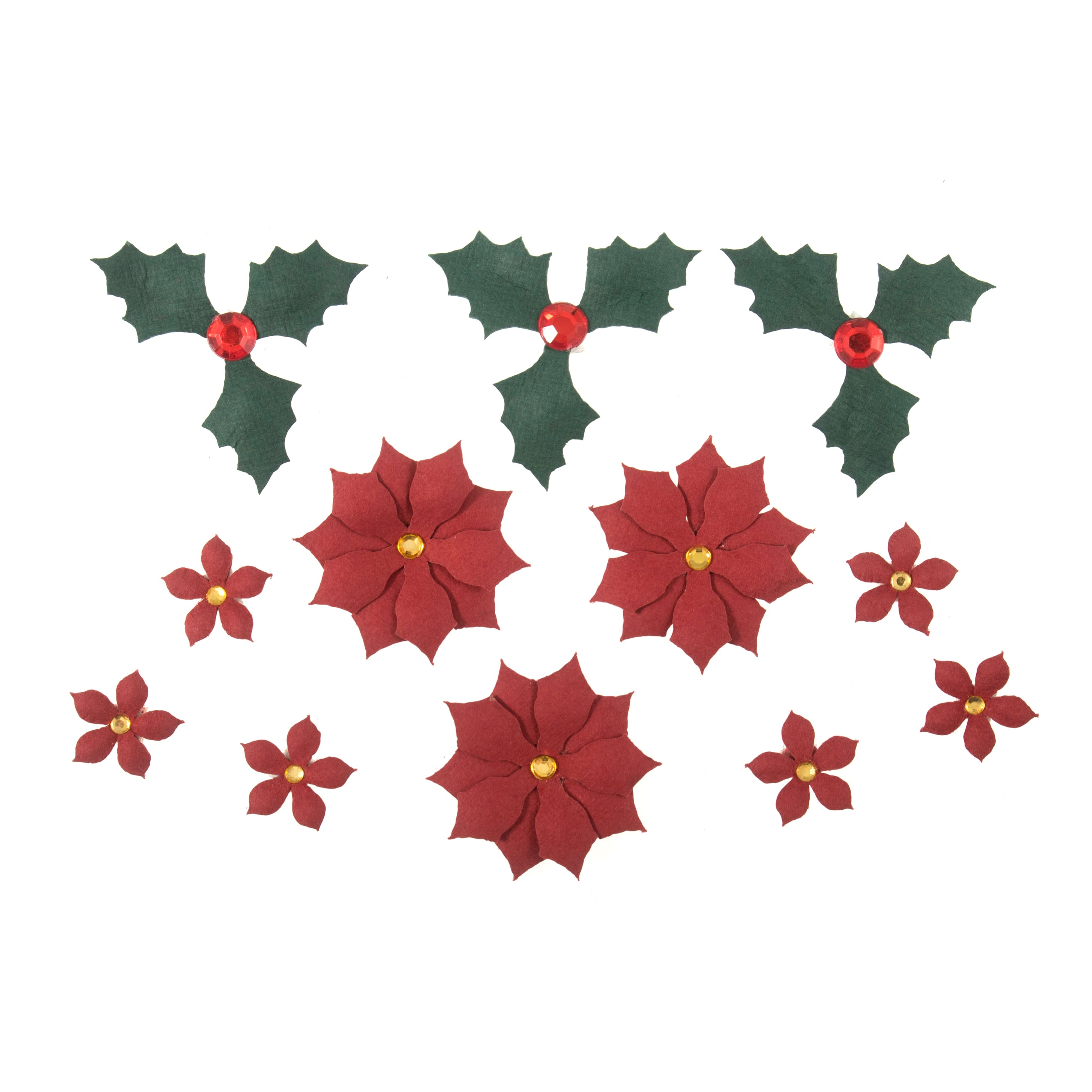 Christmas Craft Embellishments: Poinsettia & Holly Toppers - 12pk