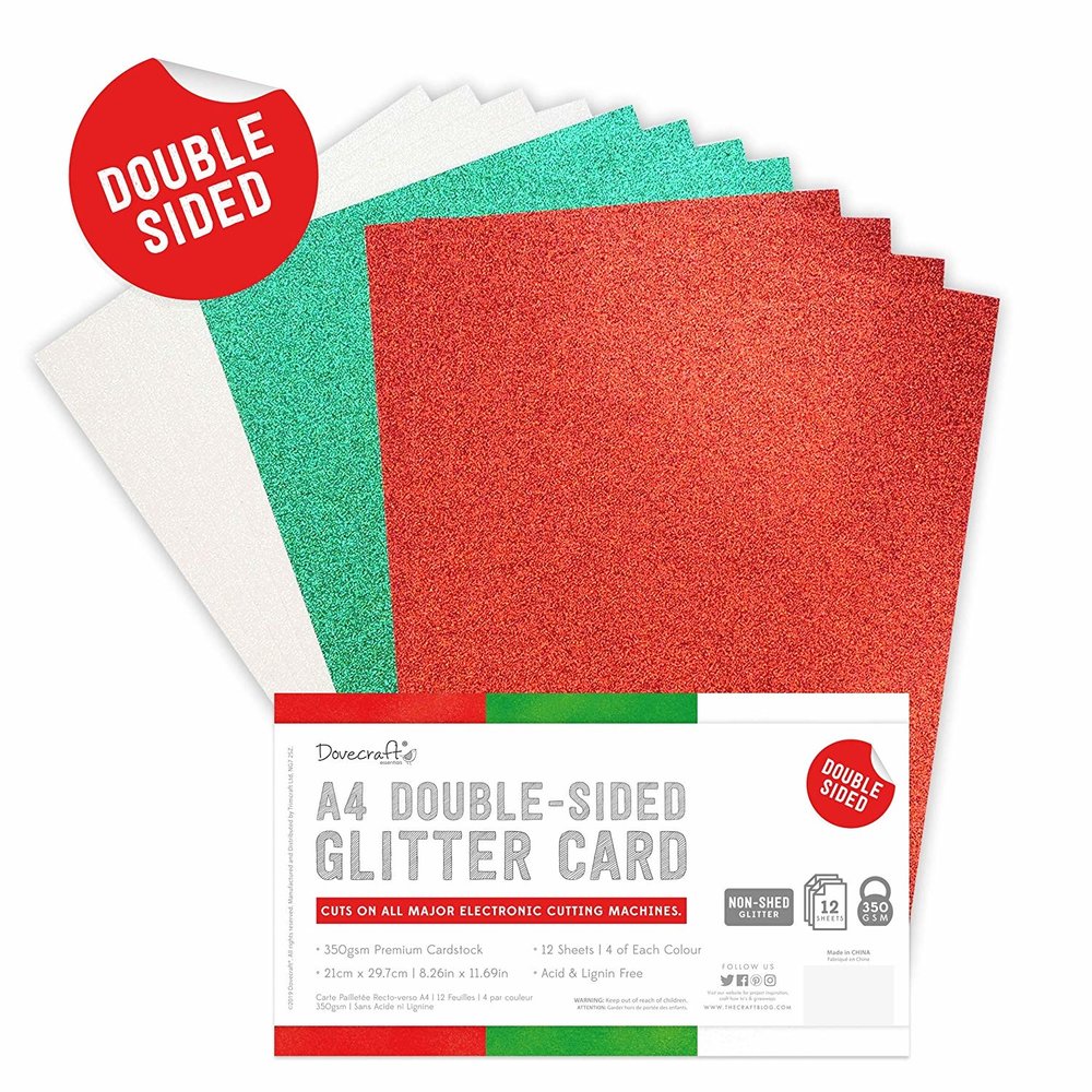 Dovecraft A4 Double Sided Glitter Card 12pk - Red, Green, White