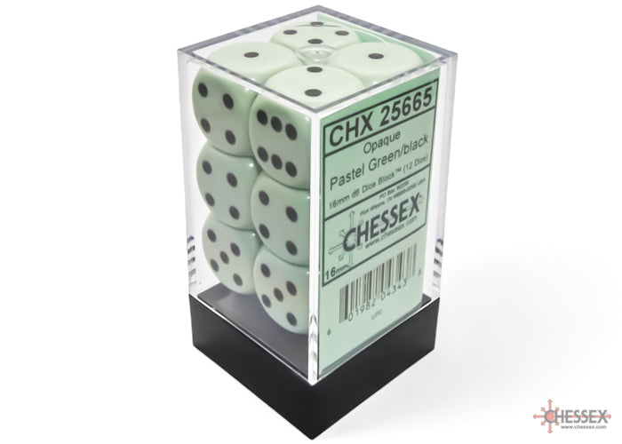 Chessex: Opaque 16mm d6 Dice Block (12 dice) - Pastel Green/Black