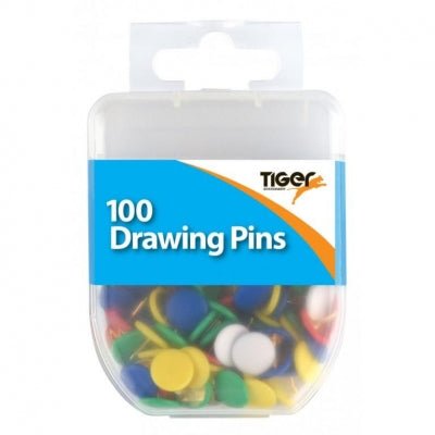 Tiger Essential 100 Drawing Pins Coloured | Buy Online from The Home Crafters