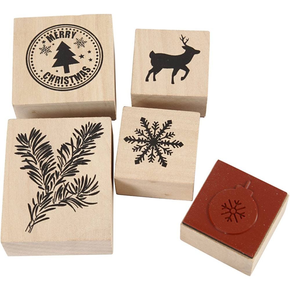 Wooden Mounted Rubber Stamp Set: Christmas Motifs - 5pc
