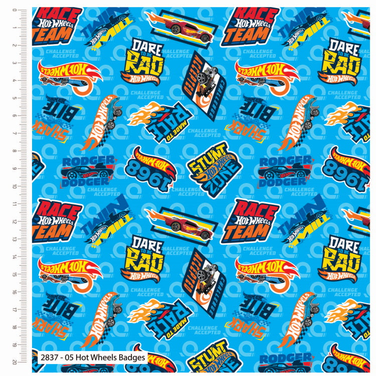 100% Cotton Licensed Fabric - Hot Wheels Badges - 43'