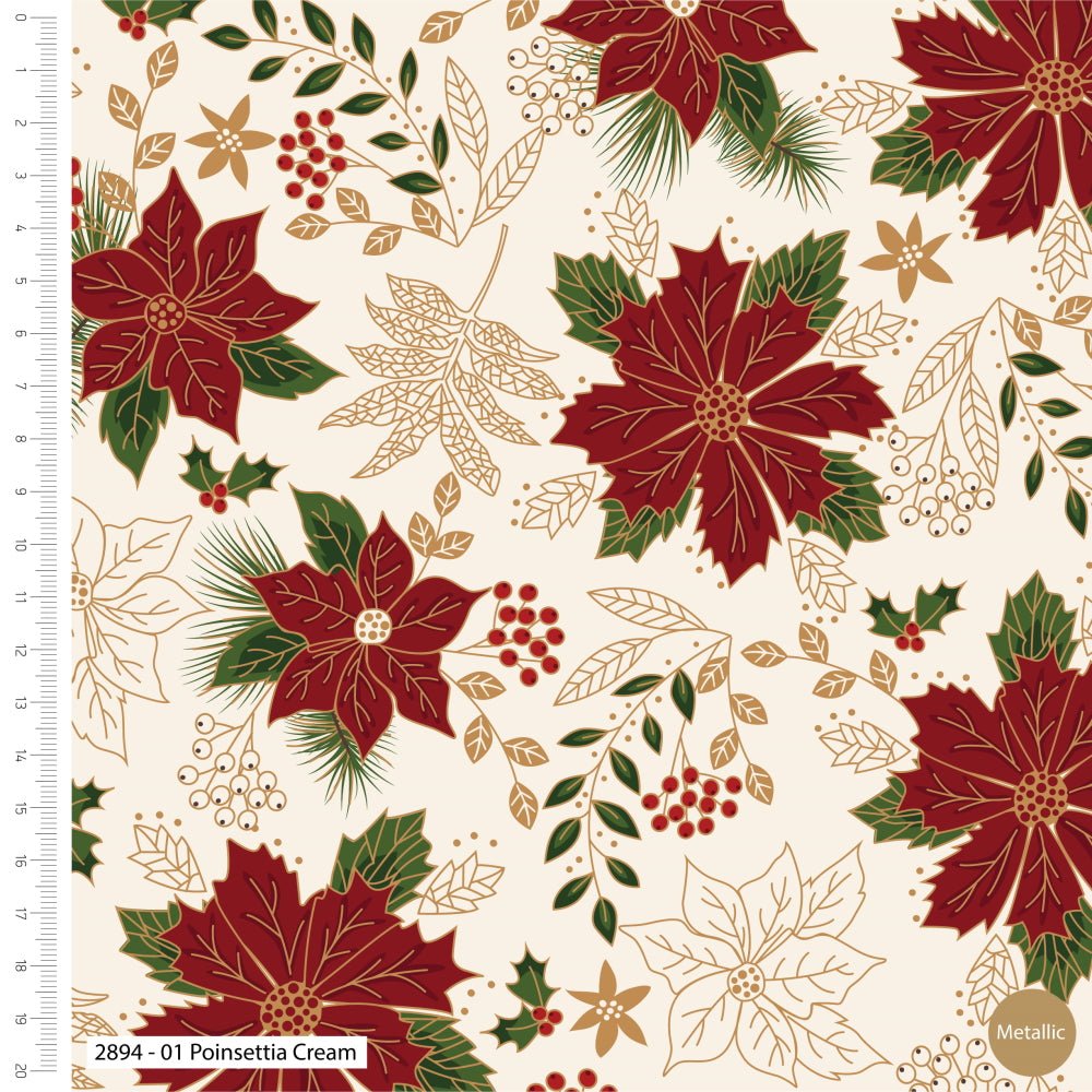 100% Cotton Christmas Fabric - Classic Poinsettia Cream - 44" | Buy Online from The Home Crafters