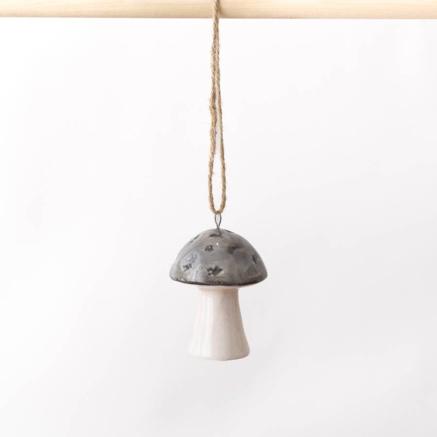 Grey and White Glazed Ceramic Hanging Mushroom Ornament – 7cm