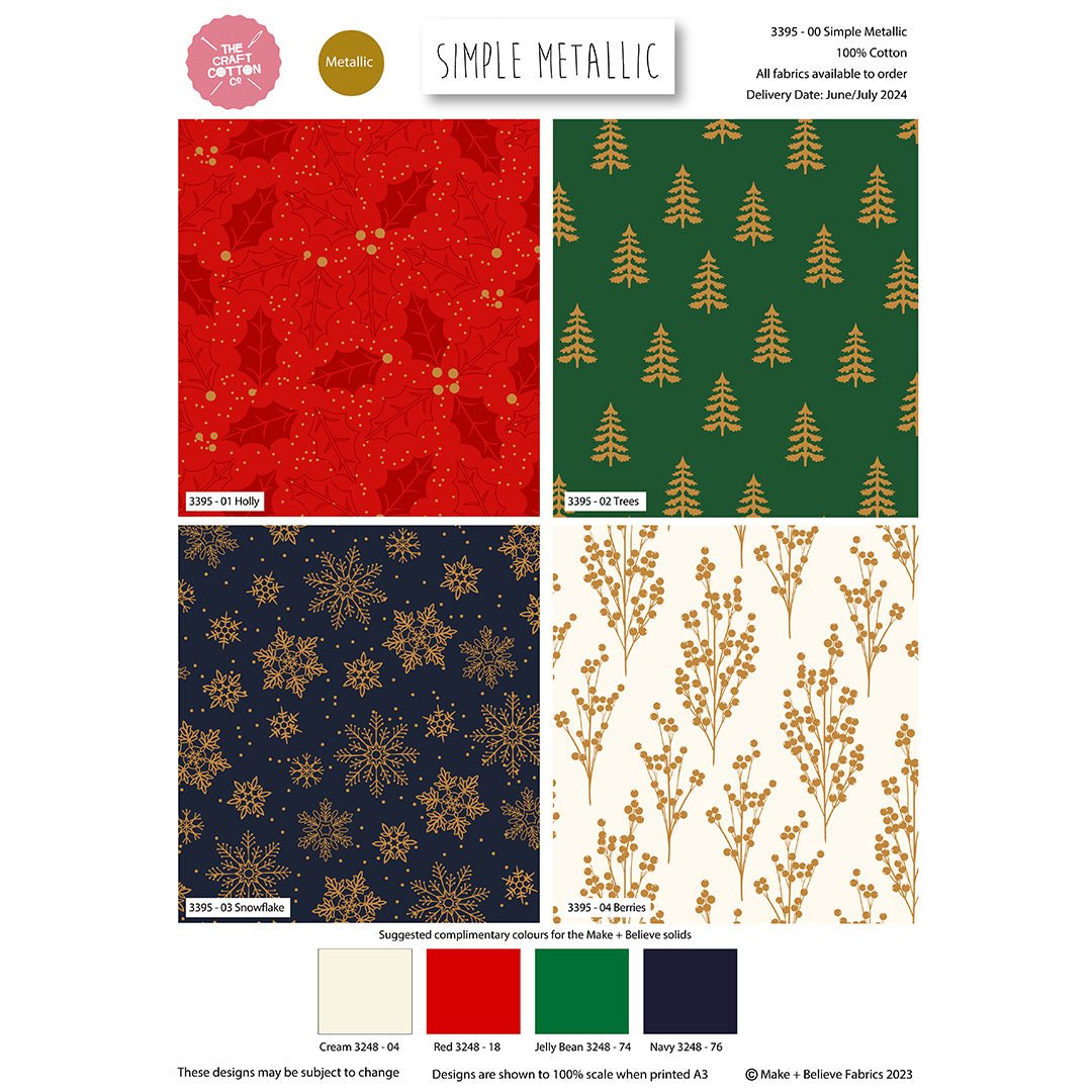 100% Cotton 4pc Festive Fat Quarter Bundle - Simple Metallic Florals | Buy Online from The Home Crafters