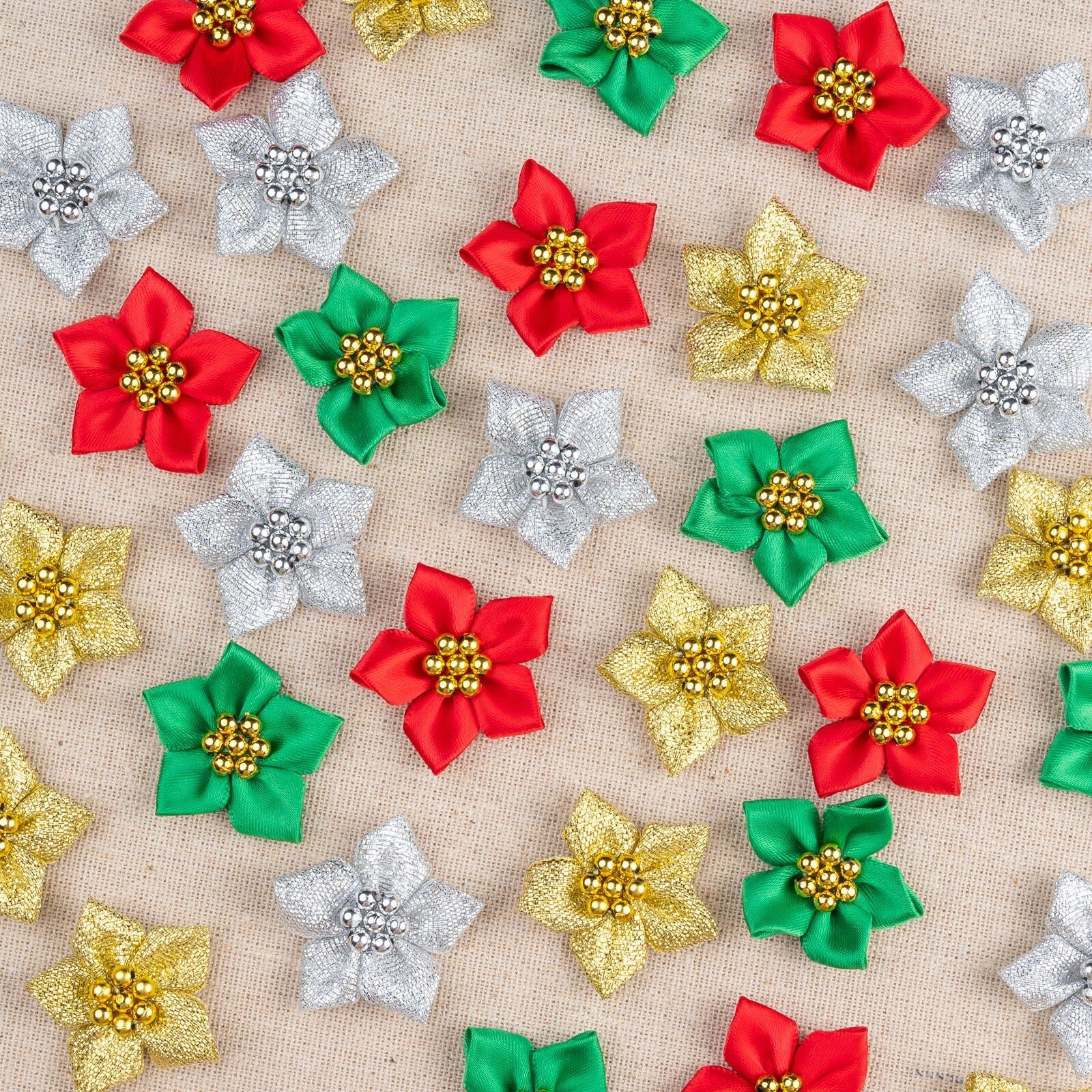 Ribbon Poinsettia Flowers with metallic beads - 40mm