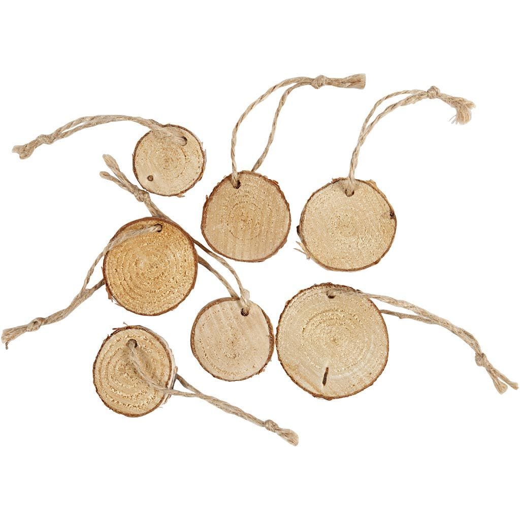 Rustic Wooden Discs with Hanging Cord: 35-45mm - 7pc