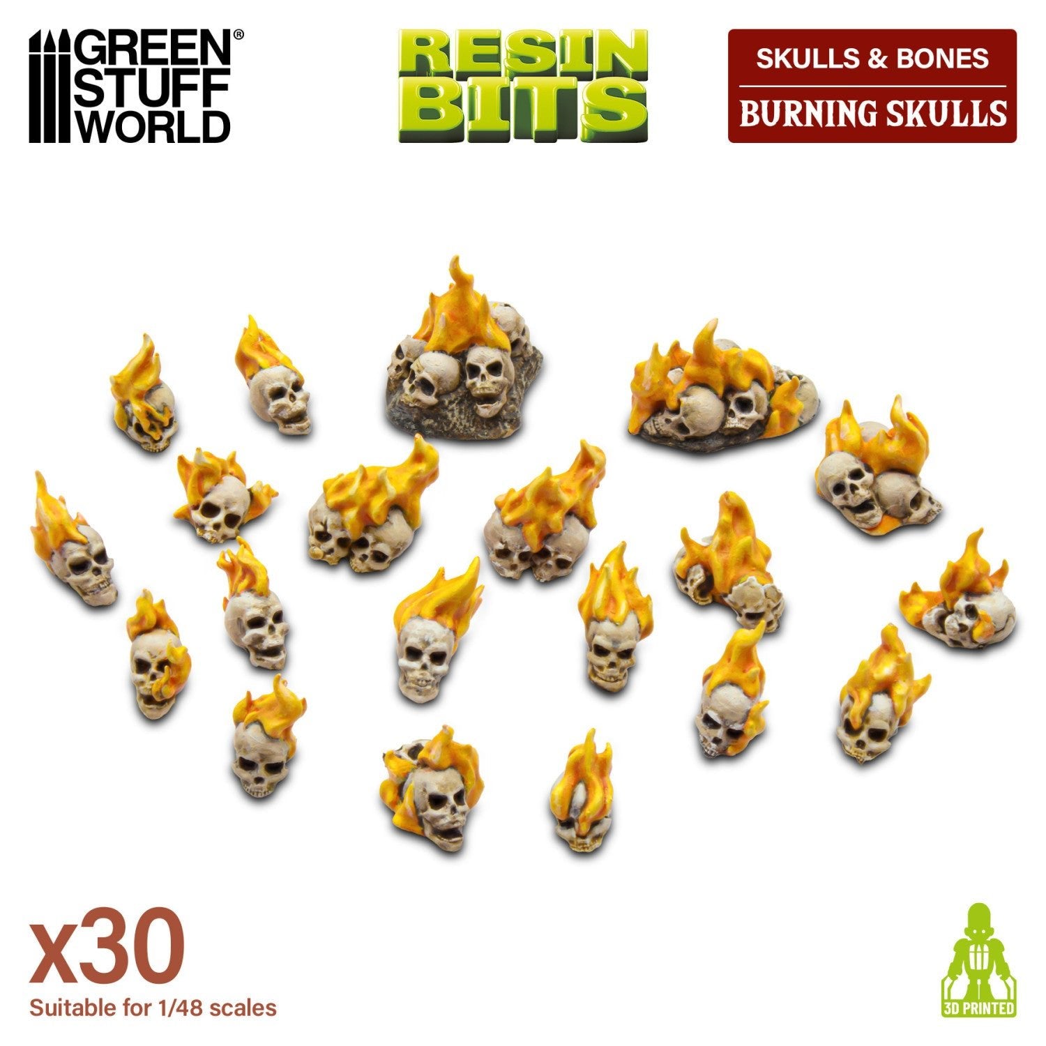 Resin Bits: Skulls & Bones - 1:48-1:35 Burning Skulls - 30pc | Buy Online from The Home Crafters