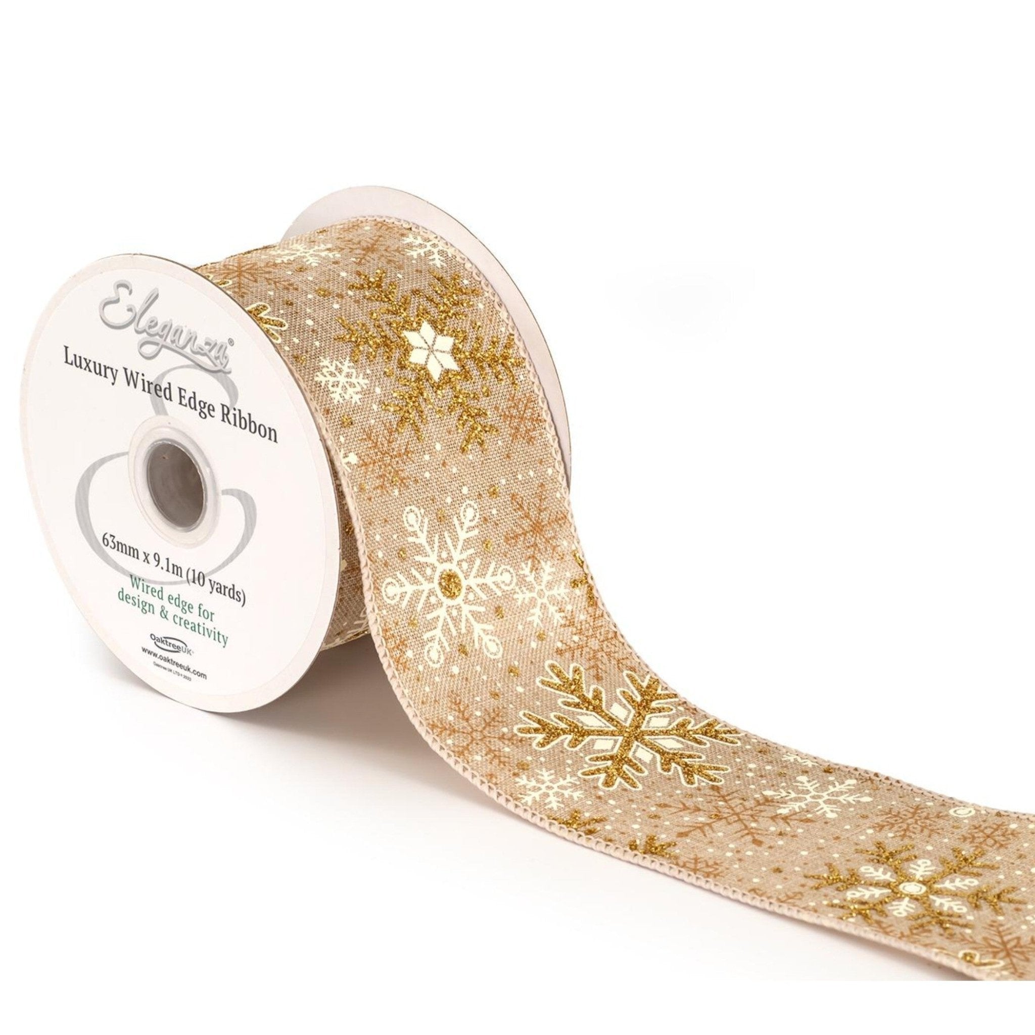 Wired Ribbon: Christmas Glitter Snowflake - 63mm per metr | Buy Online from The Home Crafters