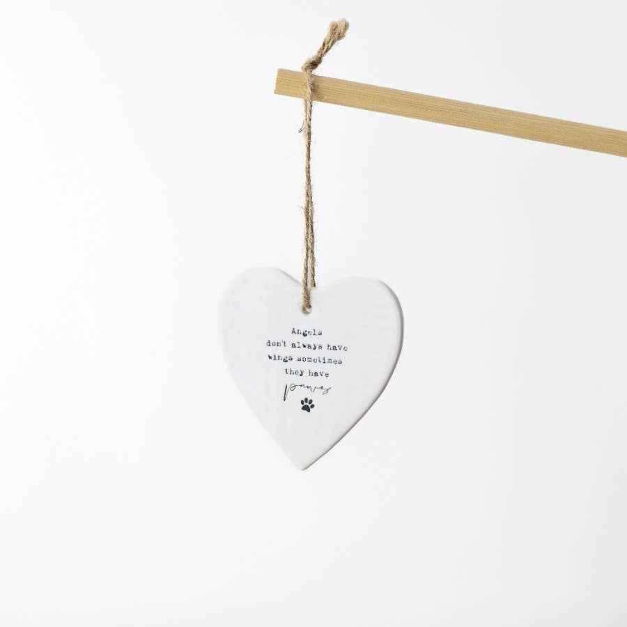 ‘Angels Sometimes Have Paws’ White Ceramic Heart Memorial Ornament – 9cm