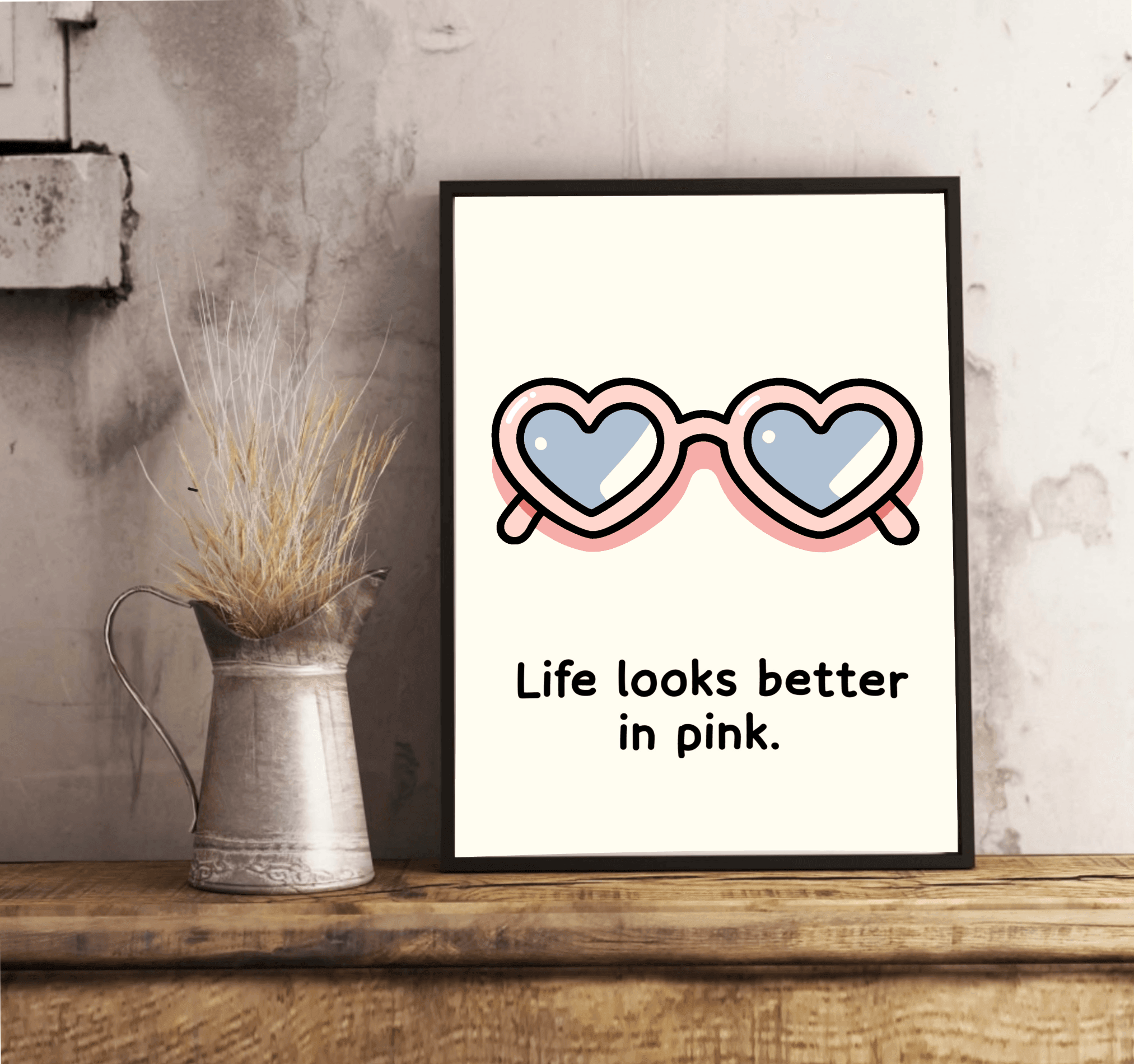 Life Looks Better in Pink – Rose Cartoon Art Print | Buy Online from The Home Crafters