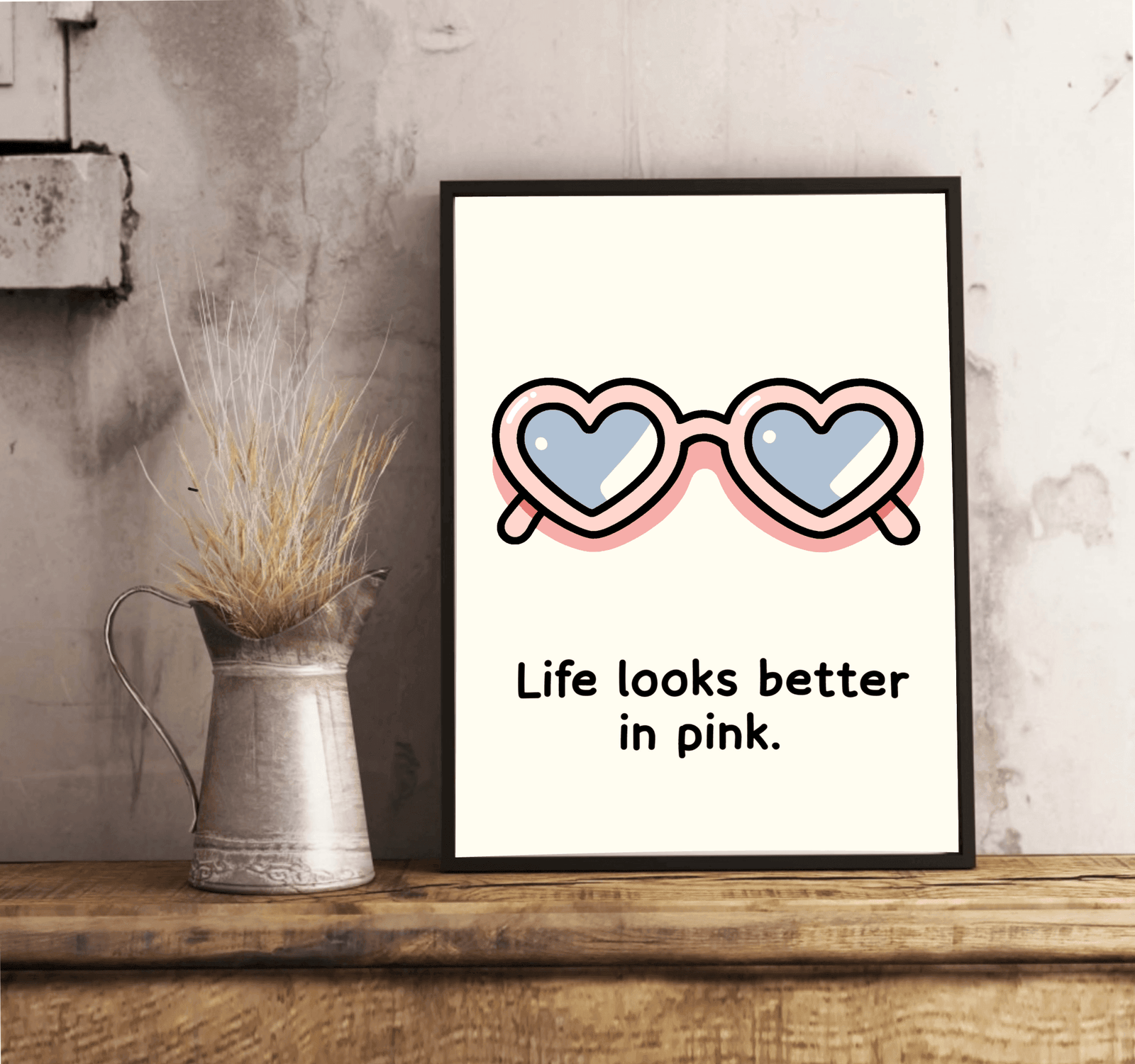 Life Looks Better in Pink – Rose Cartoon Art Print | Buy Online from The Home Crafters