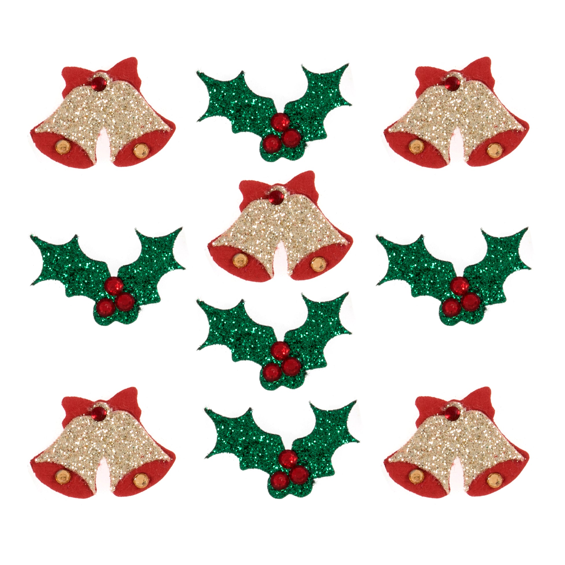 Christmas Craft Embellishments: Glitter Bells & Holly - 10pc