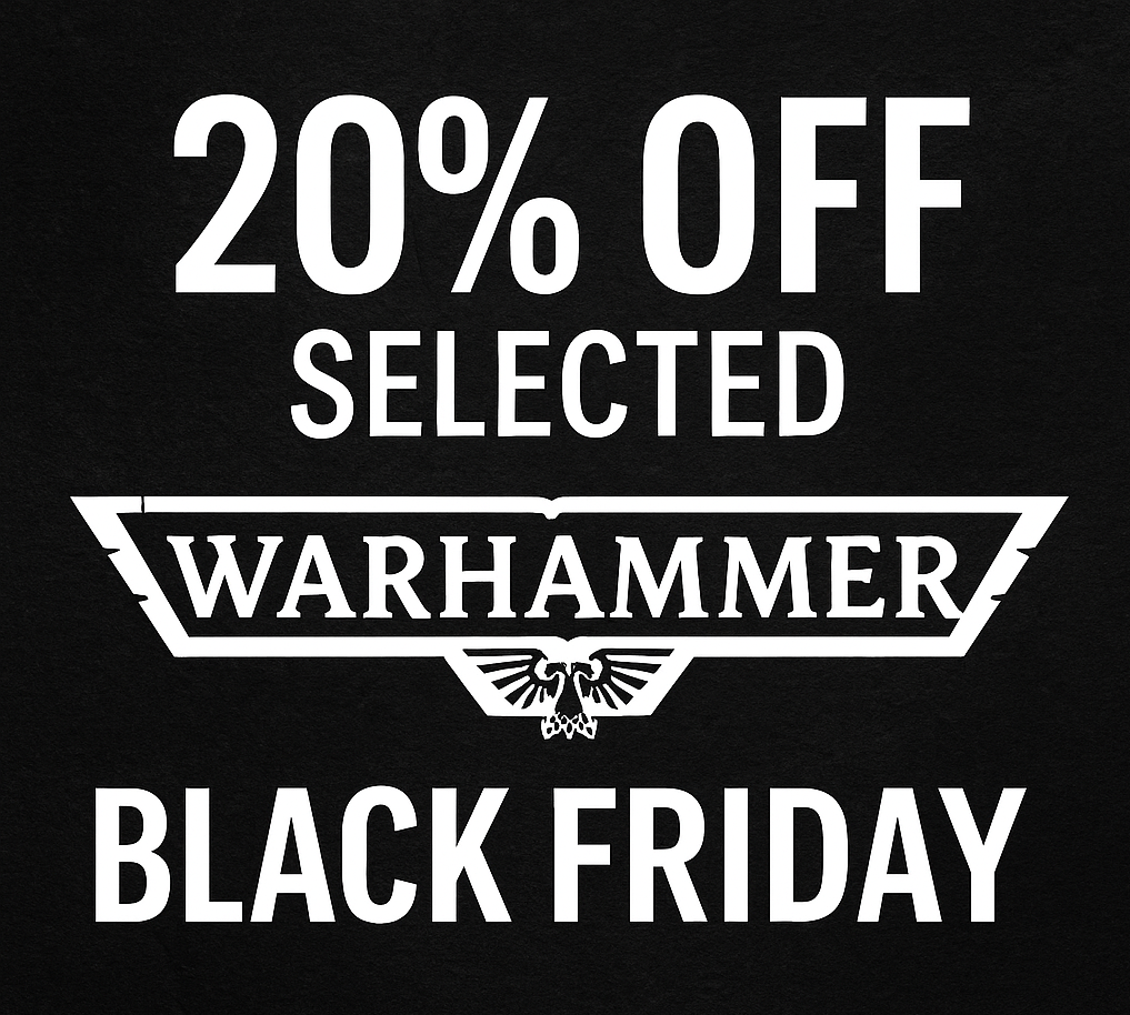 Black Friday sale advertisement for Warhammer with 20% off on a black background