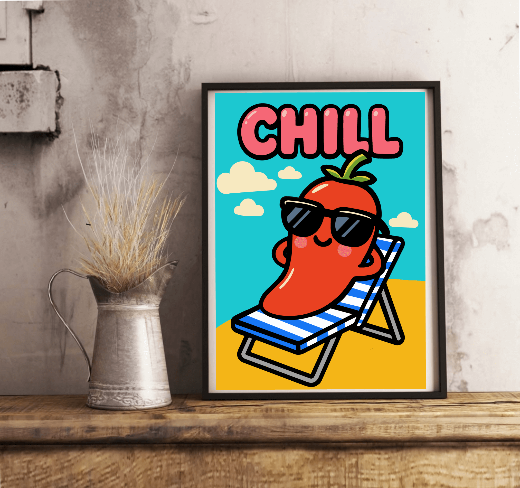 CHILL Cartoon Pepper Art Print – Fun Beach Wall Poster A3 A4 A5 | Buy Online from The Home Crafters