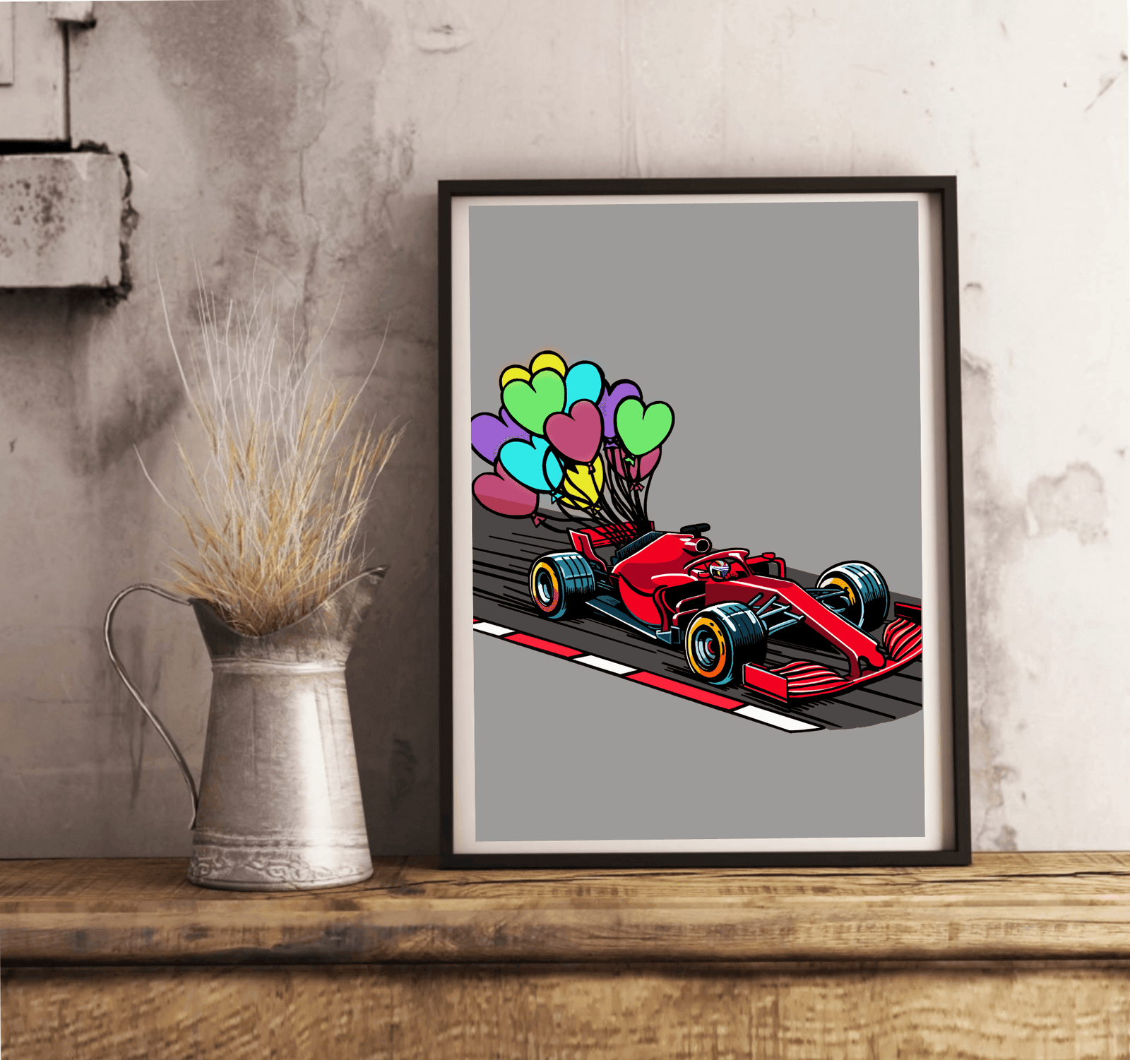 F1 Balloon Car – Whimsical Racing Art Print | Buy Online from The Home Crafters