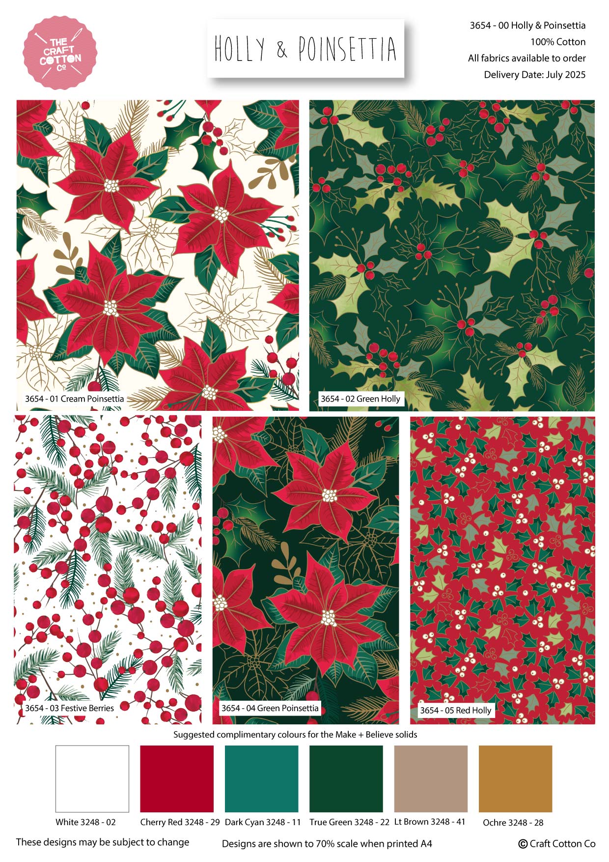 100% Cotton 5pc Festive Fat Quarter Bundle - Holly & Poinsettia | Buy Online from The Home Crafters