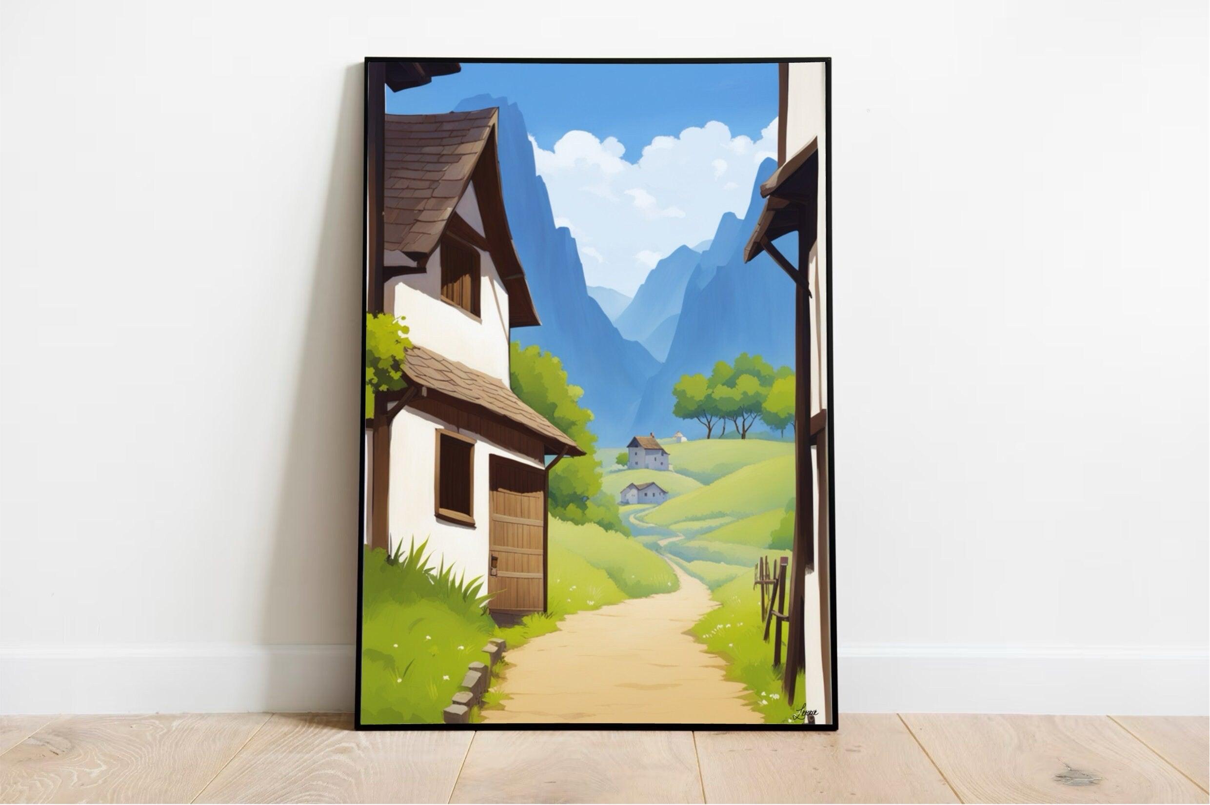 Serene Retreat Village Print – Peaceful Mountain Art | Buy Online from The Home Crafters
