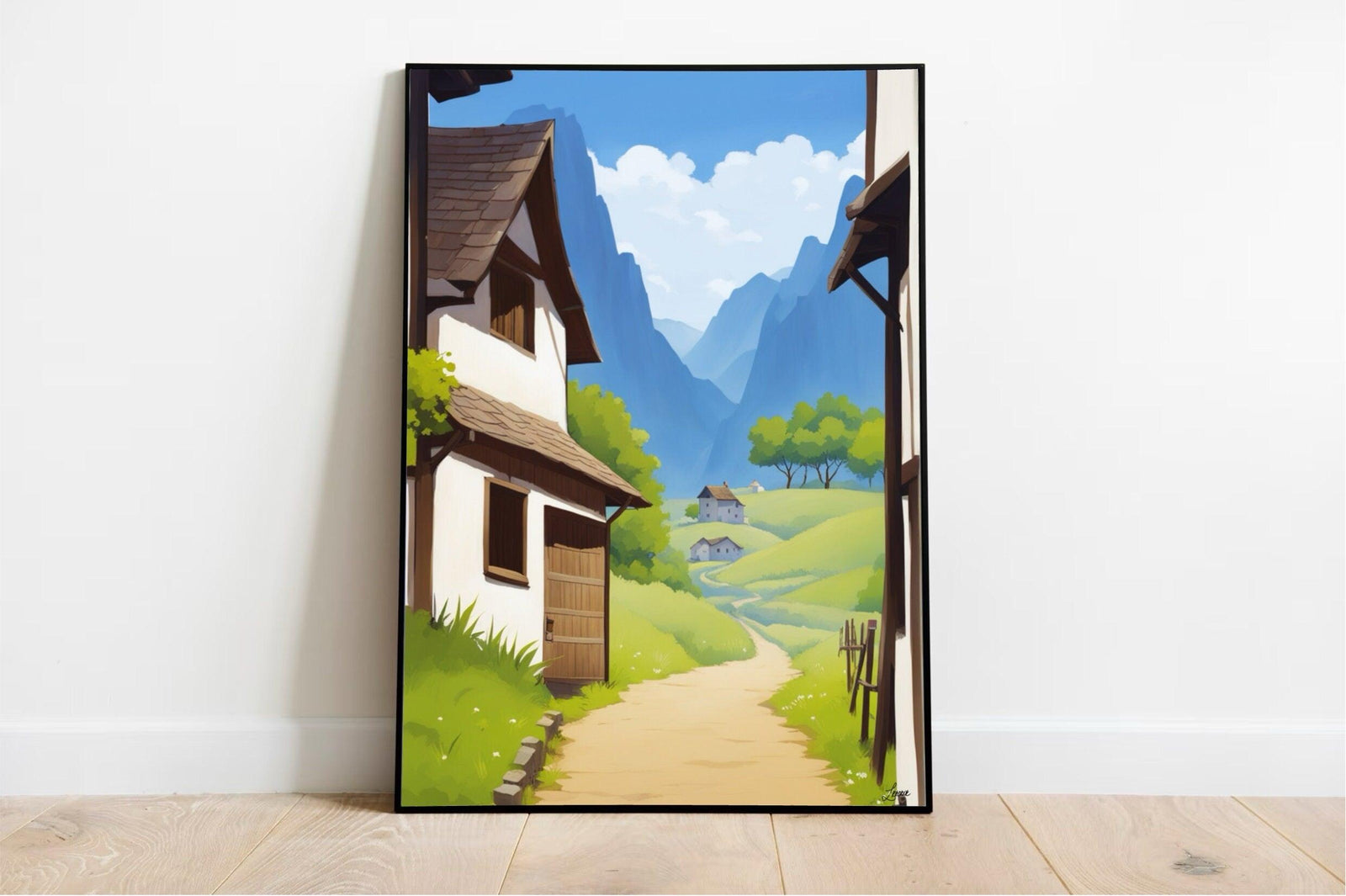 Serene Retreat Village Print – Peaceful Mountain Art | Buy Online from The Home Crafters