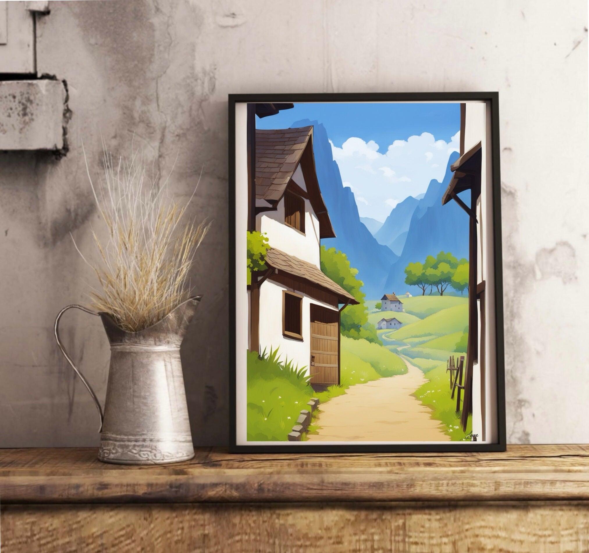 Serene Retreat Village Print – Peaceful Mountain Art | Buy Online from The Home Crafters