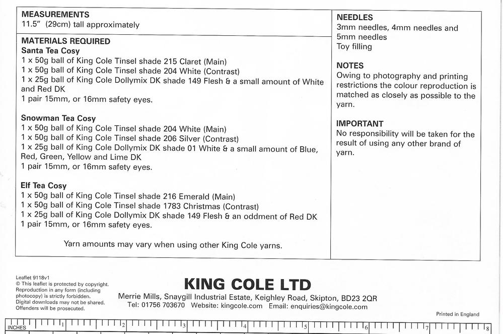 King Cole Novelty Christmas Tea Cosy Knitting Pattern 9118 - Tinsel Chunky