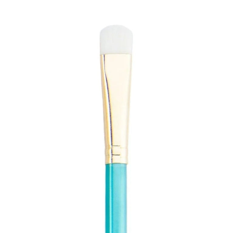 Teal makeup brush with a white bristle head on a white background