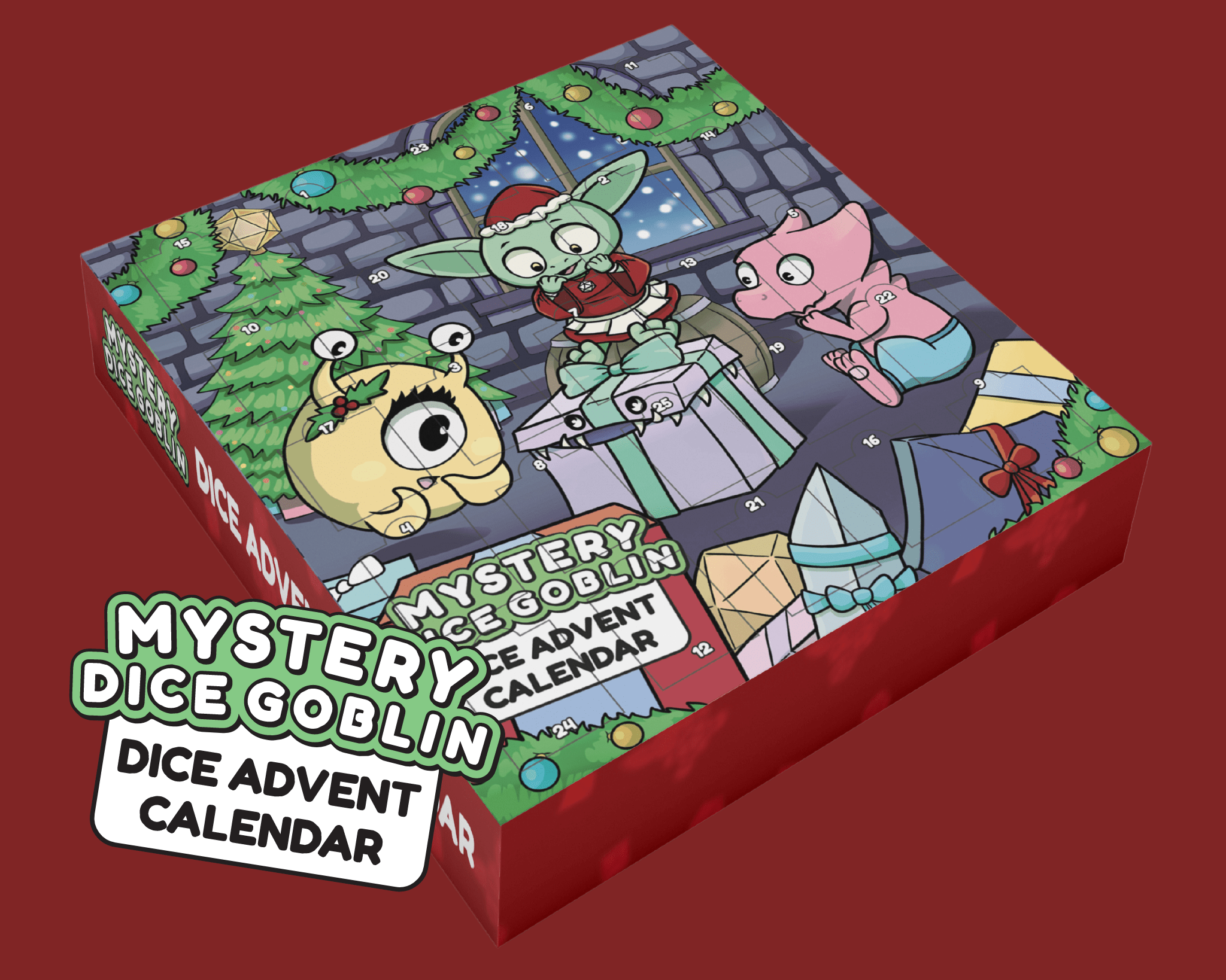 Mystery Dice Goblin dice advent calendar packaging on a red background