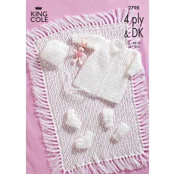 King Cole Baby Matinee Coat, bonnet, Bootees & Mitts Knitting Pattern 2798 - DK & 4 Ply