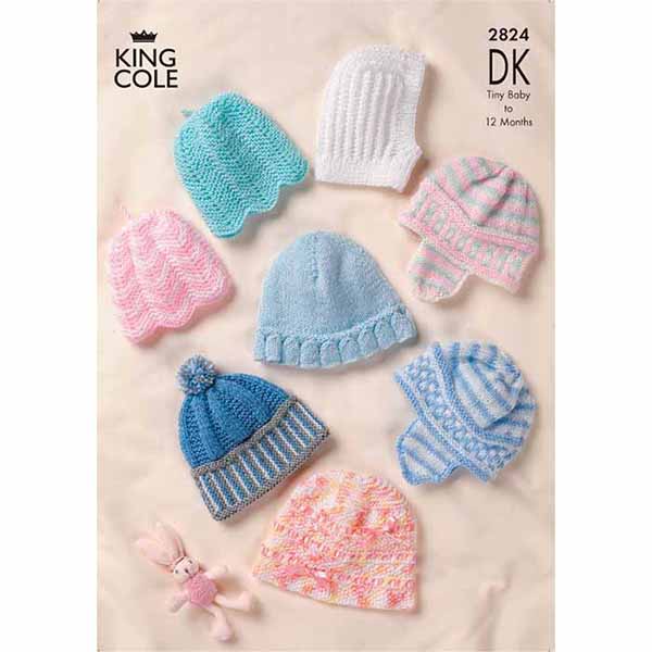 King Cole Baby Hats Knitting Pattern 2824 - Double Knit