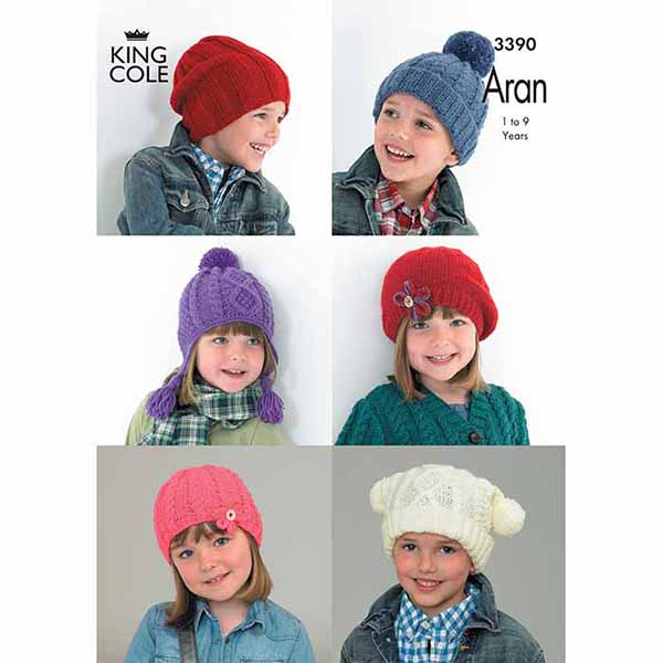King Cole Baby & Kid's Hat Assortment Knitting Pattern 3391 - Aran | Buy Online from The Home Crafters