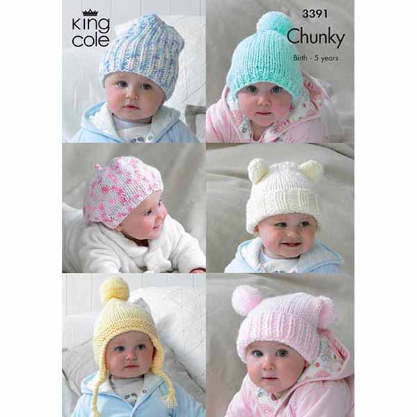 King Cole Baby & Kid's Hat Assortment Knitting Pattern 3391 - Chunky