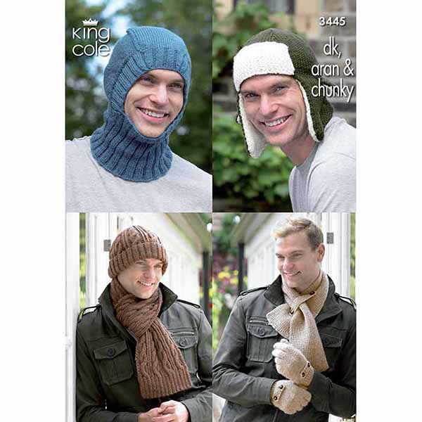 King Cole Men's Winter Accessories, Hat, Balaclava, Scarf Knitting Pattern 3445 -