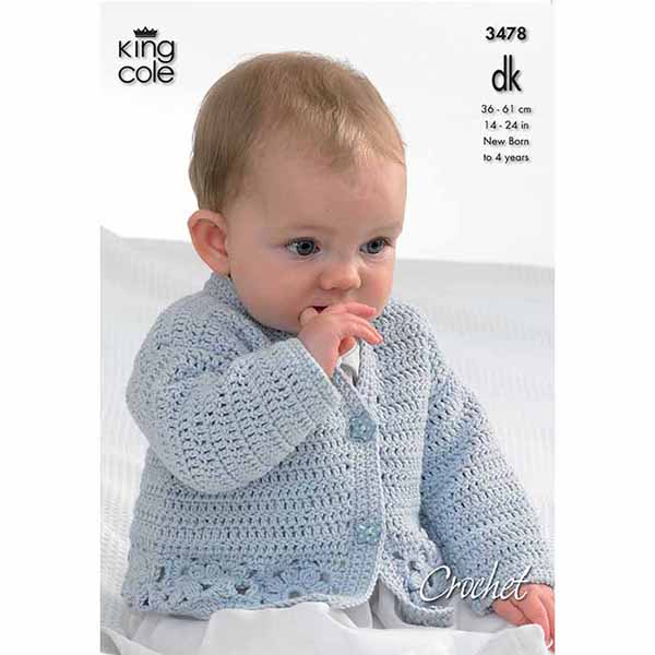 King Cole Babies Cardigan, Hooded Gilet, Long & Short Sleeved Sweaters Crochet Pattern 3478 - Double Knit | Buy Online from The Home Crafters