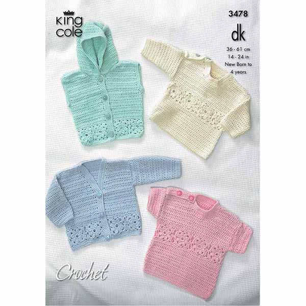 King Cole Babies Cardigan, Hooded Gilet, Long & Short Sleeved Sweaters Crochet Pattern 3478 - Double Knit | Buy Online from The Home Crafters
