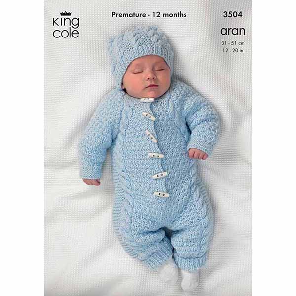 King Cole Prem Babies All in One, Coat and Hat Knitting Pattern 3504 - Aran