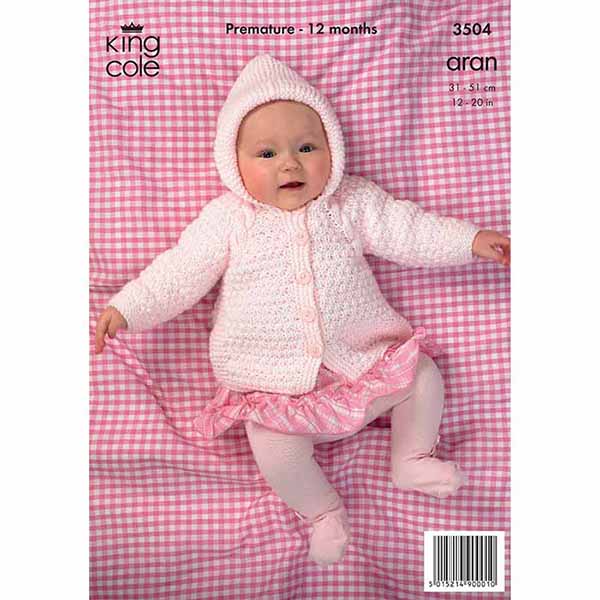 King Cole Prem Babies All in One, Coat and Hat Knitting Pattern 3504 - Aran