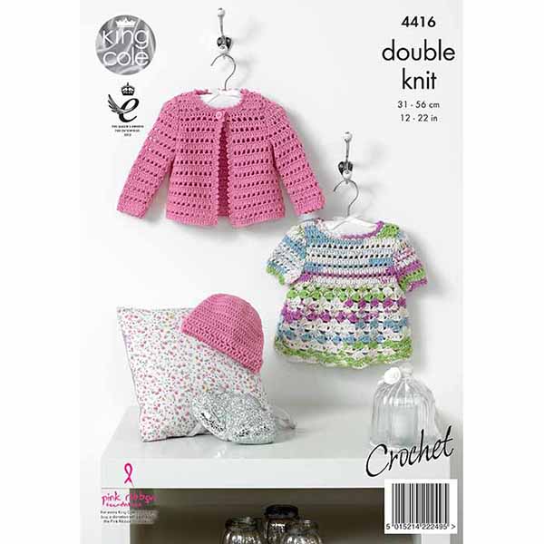 King Cole Babies Crochet Dress, Cardigan & Hat Crochet Pattern 4416 - Double Knit | Buy Online from The Home Crafters