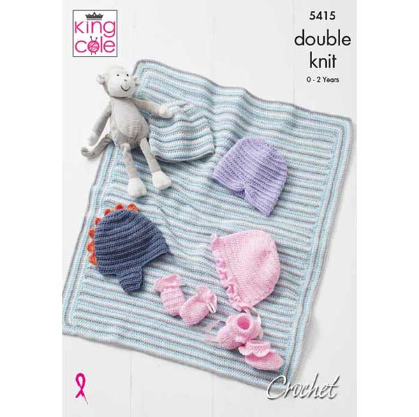 King Cole Baby Hat, Mitts, Bootees & Blanket Crochet Pattern 5415 - Double Knit