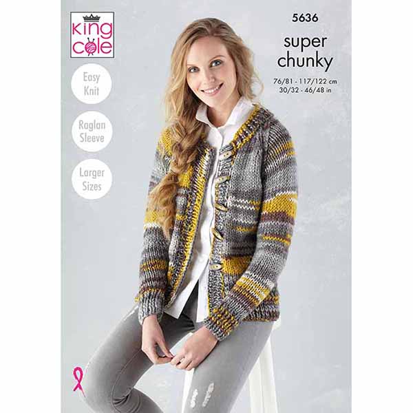 King Cole 'Easy Knit' Ladies Sweater & Cardigan Knitting Pattern 5636 - Super Chunky