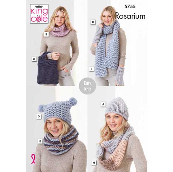 King Cole 'Easy Knit' Ladies Hats, Snoods, Wristwarmers, Scarf & Bag Knitting Pattern 5755 - Mega Chunky