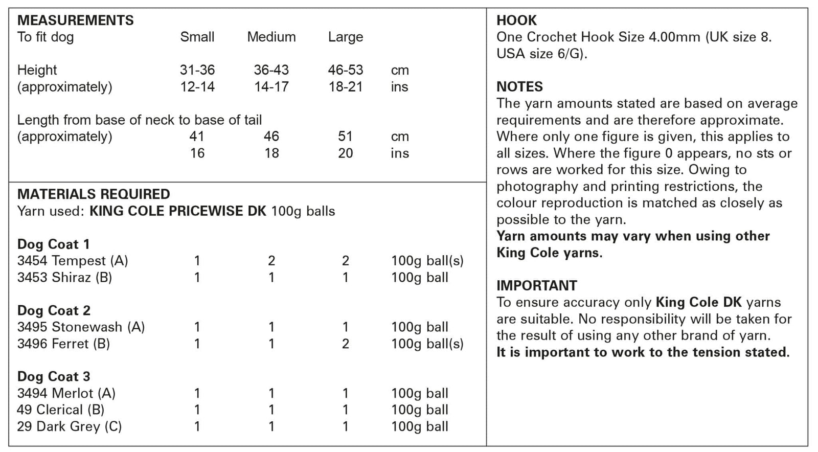 King Cole Dog Coats Crochet Pattern 5760 - Double Knit