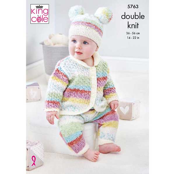 King Cole Babies Onesie, Cardigan, Trousers & Hat Knitting Pattern 5763 - Double Knit